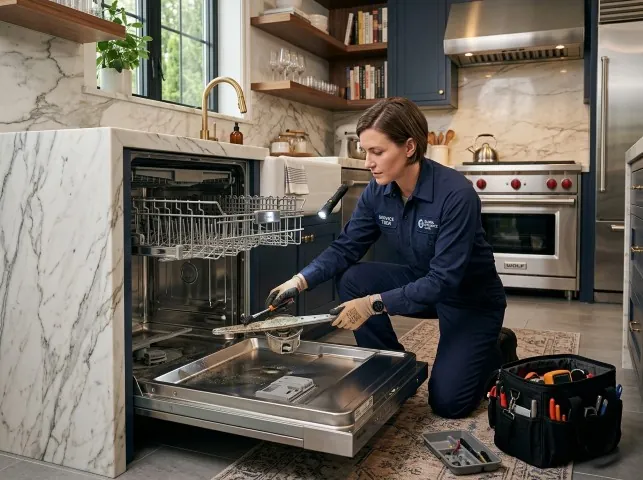 Appliance Repair Hero technician servicing a built-in dishwasher in a Bulger, PA kitchen