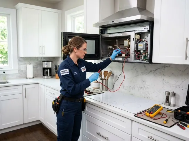 Appliance Repair Hero technician testing an over-the-range microwave in a Bulger, PA kitchen
